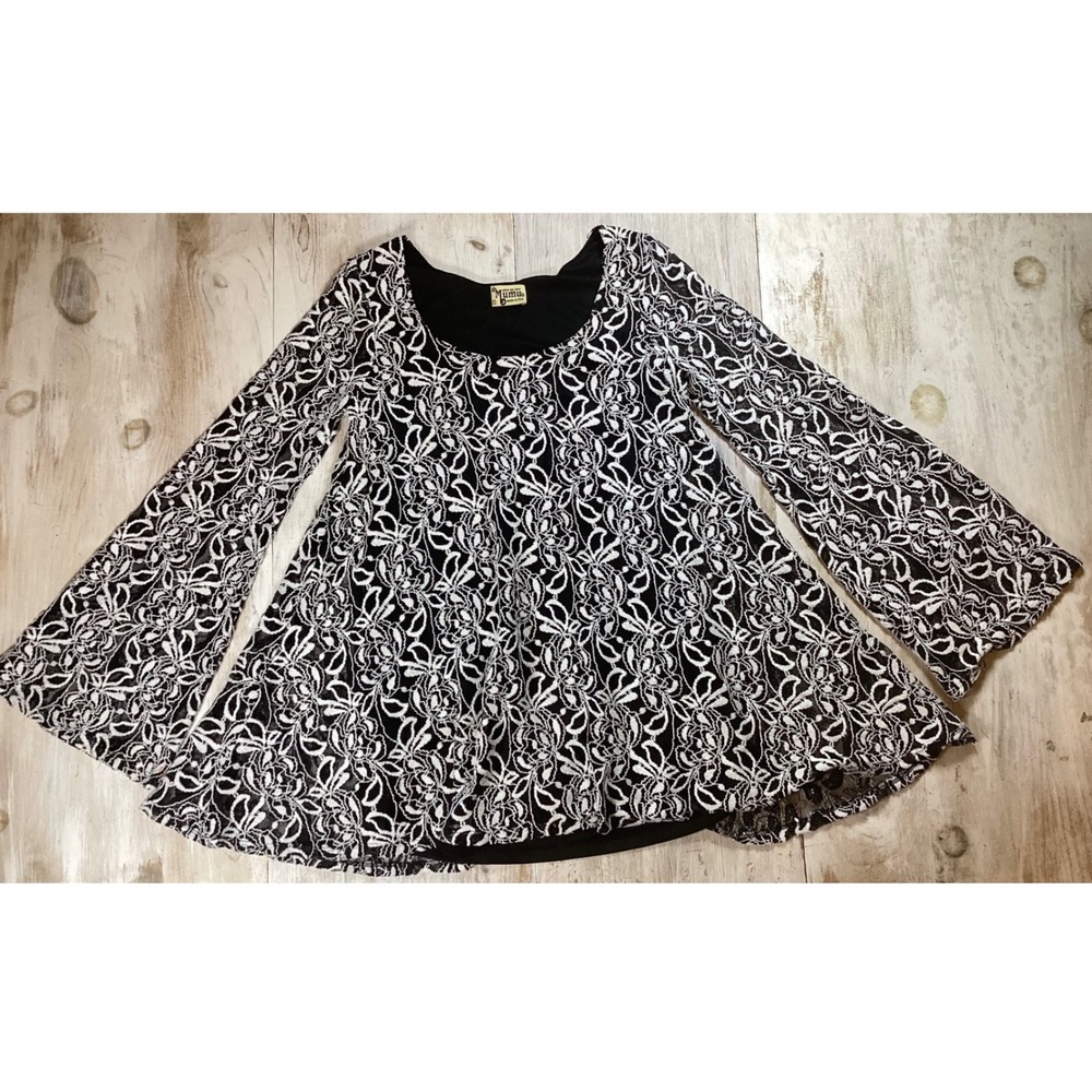 Show Me Your Mumu Black White Floral Lace Bell Sleeve Tunic Top Small USA Made